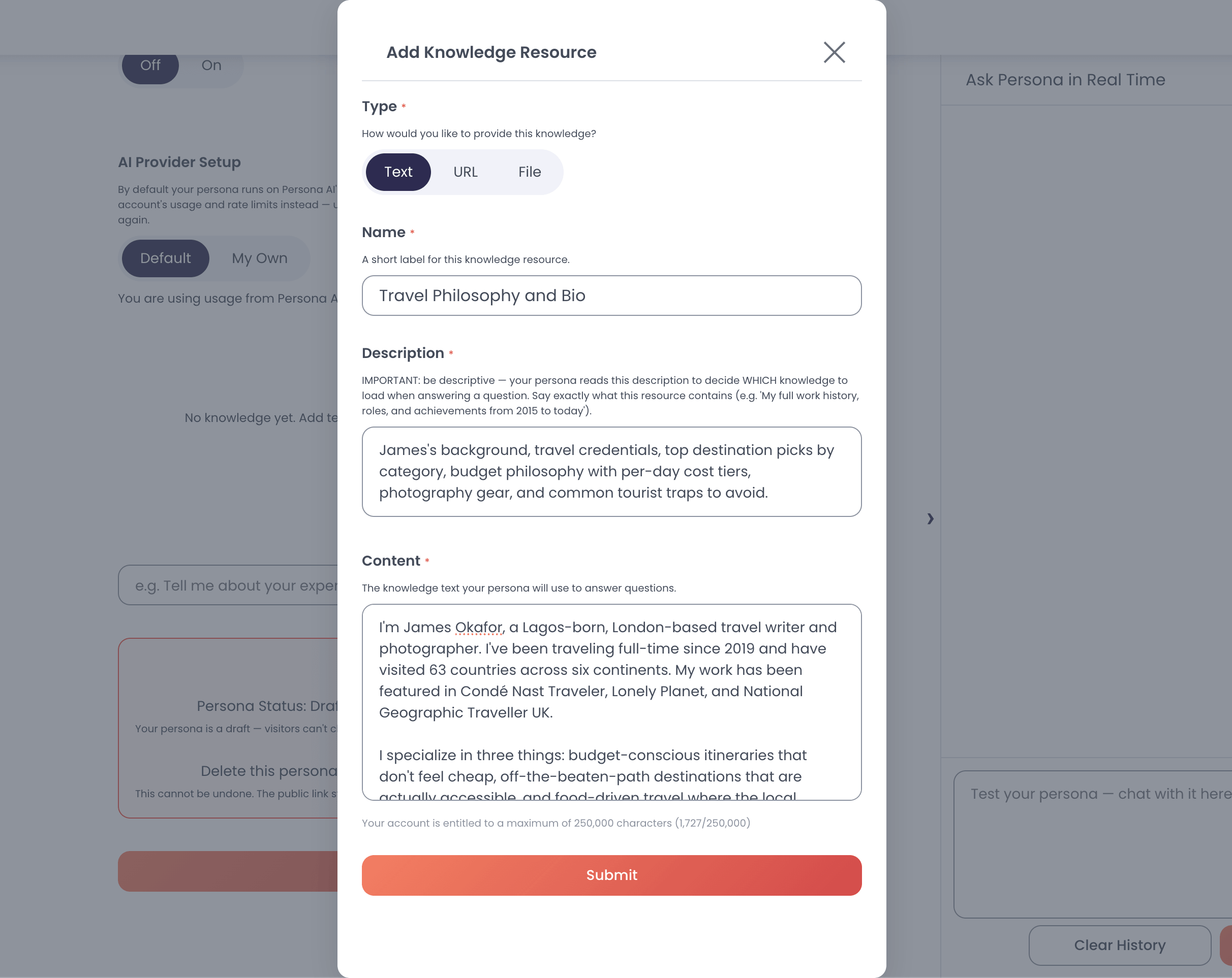 Knowledge resources list in Persona AI